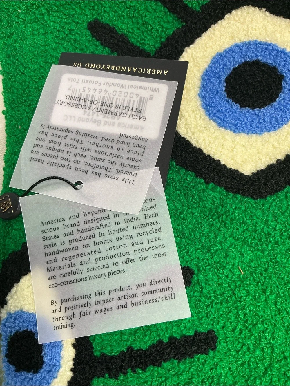 NWT America and Beyond whimsical wonder green evil eye tote, color: Forest.